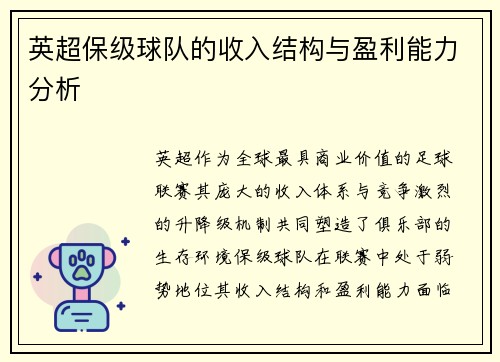 英超保级球队的收入结构与盈利能力分析