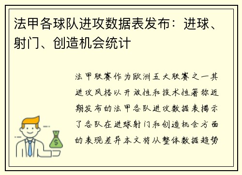 法甲各球队进攻数据表发布：进球、射门、创造机会统计